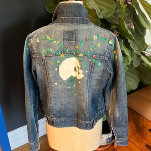 Hand painted Skull & flowers denim jacket - medium